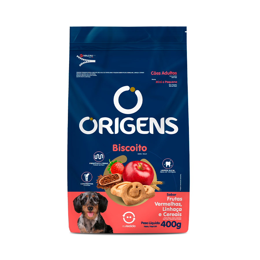 Biscoito Origens para Cães Adultos Mini e Pequeno Frutas Vermelhas, Linhaça e Cereais 400g
